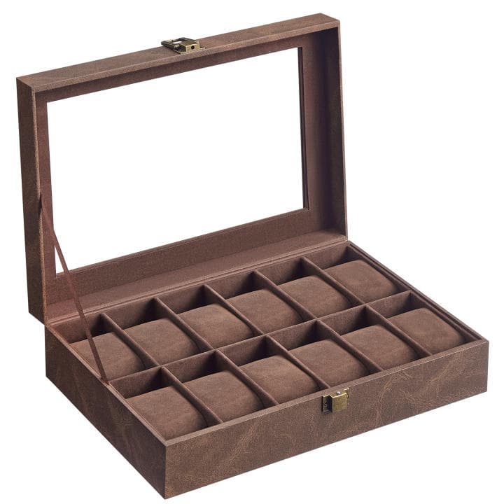 SONGMICS Caja de Relojes con 12 Compartimentos, Estuche de Relojes con Tapa de Cristal, Cojín Extraíble, Cierre Metálico, Cuero Sintético Negro y Forro Gris/Negro/Negro y Biege/Negro y Forro Rojo Burdeos/Blanco Nube y Beige Capuchino/Marrón Café