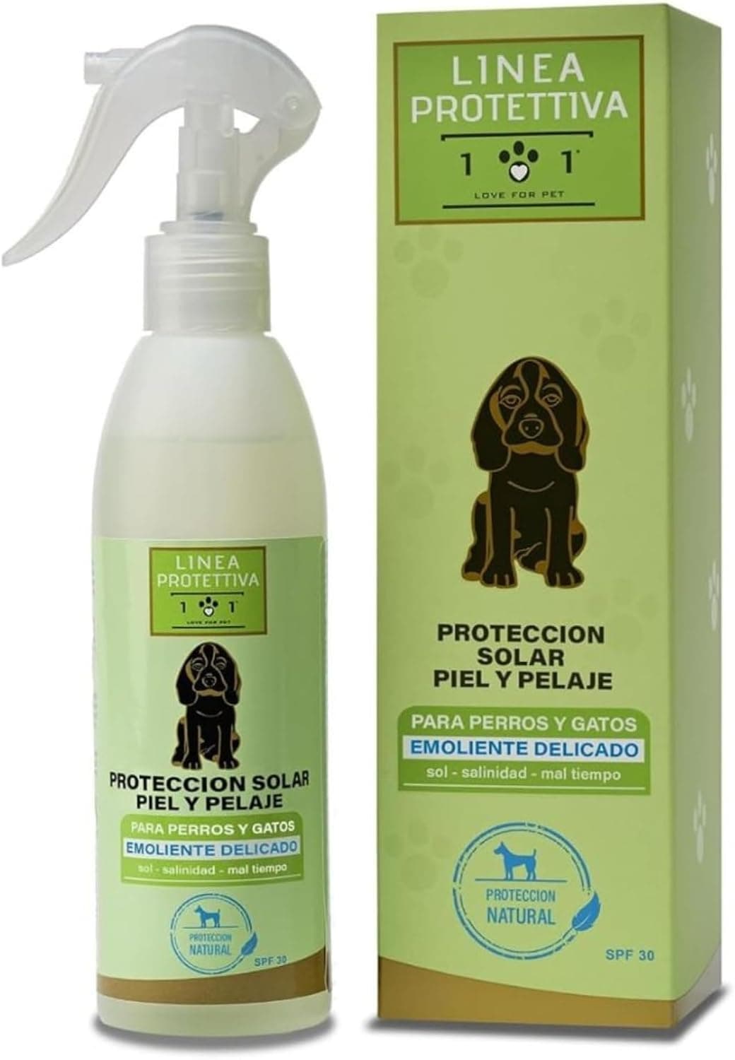 Protector Solar Perro y Gato Spray Natural Crema Solar Perros y Gatos 250ml con Emoliente Vegetal, Protege Piel y Pelaje del Sol, Sal y Viento, SPF 30 Linea 101